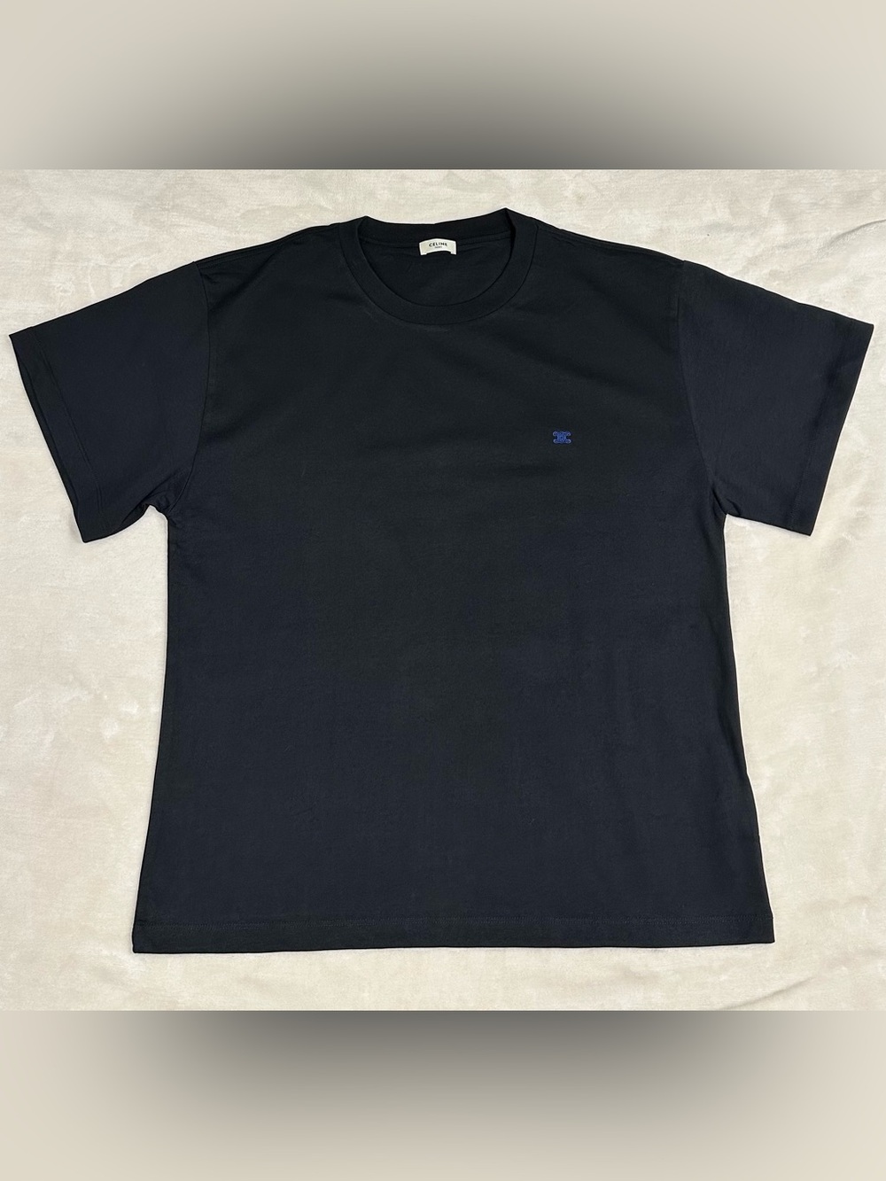 Celine Black Short-Sleeve Crewneck Tee with Small Blue Logo